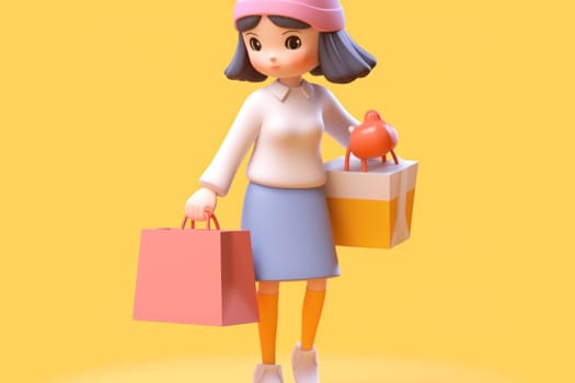 A girl and shopping cart shopping concept 3d Tiny cute isometric Generative AI.