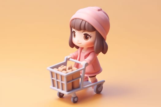 A girl and shopping cart shopping concept 3d Tiny cute isometric Generative AI.