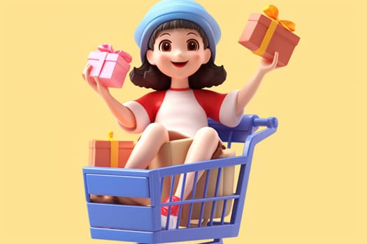 A girl and shopping cart shopping concept 3d Tiny cute isometric Generative AI.