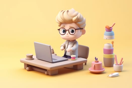 A business boy working with laptop on desk 3D Tiny cute isometric Generative AI.