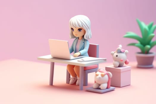 A business girl working with laptop on desk 3D Tiny cute isometric Generative AI.