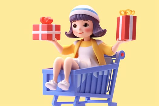 A girl and shopping cart shopping concept 3d Tiny cute isometric Generative AI.