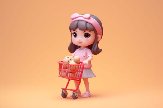 A girl and shopping cart shopping concept 3d Tiny cute isometric Generative AI.