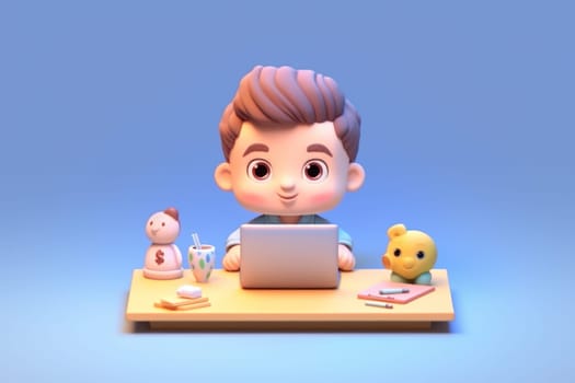 A business boy working with laptop on desk 3D Tiny cute isometric Generative AI.