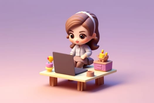 A business girl working with laptop on desk 3D Tiny cute isometric Generative AI.