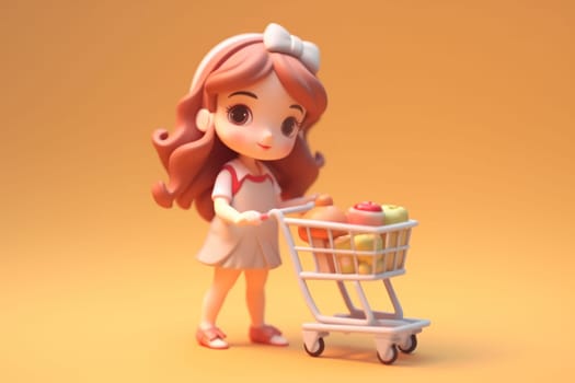 A girl and shopping cart shopping concept 3d Tiny cute isometric Generative AI.