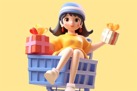 A girl and shopping cart shopping concept 3d Tiny cute isometric Generative AI.