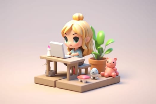 A business girl working with laptop on desk 3D Tiny cute isometric Generative AI.