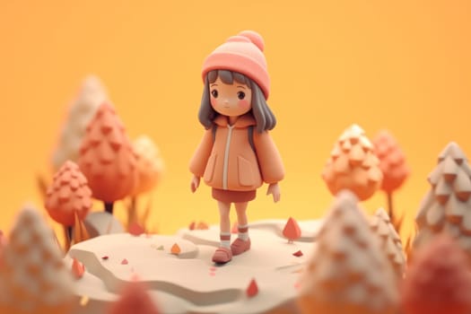 A girl walking in autumn season concept 3d Tiny cute isometric Generative AI.