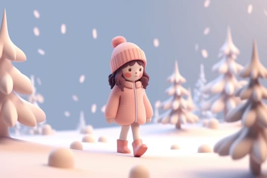 A girl walking in winter season concept 3d Tiny cute isometric Generative AI.