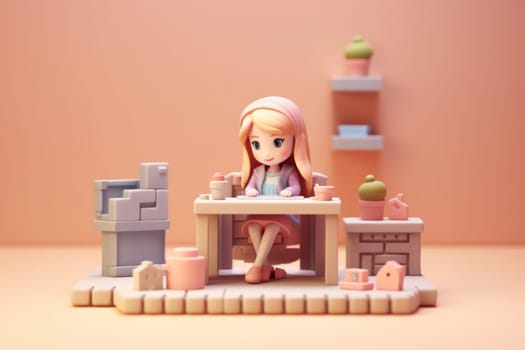 A business girl working with laptop on desk 3D Tiny cute isometric Generative AI.