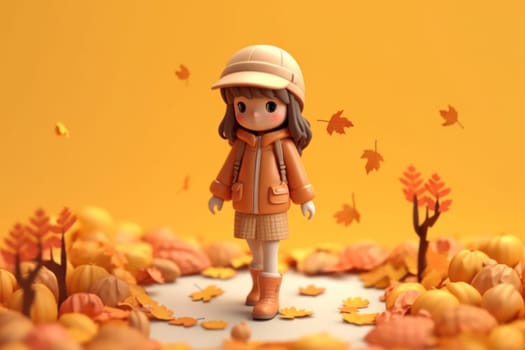 A girl walking in autumn season concept 3d Tiny cute isometric Generative AI.