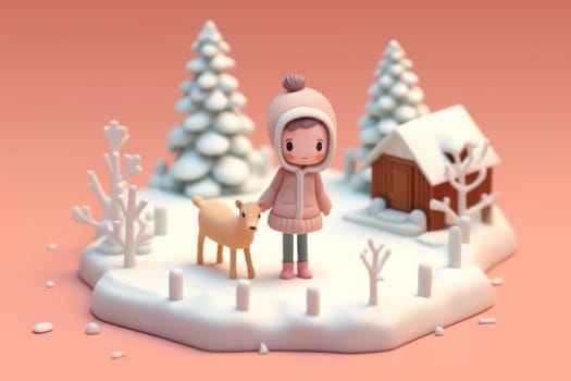 A girl walking in winter season concept 3d Tiny cute isometric Generative AI.