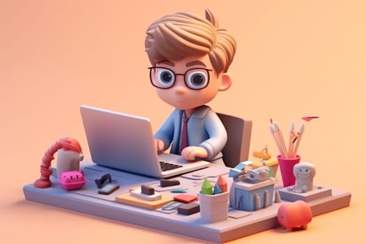 A business boy working with laptop on desk 3D Tiny cute isometric Generative AI.