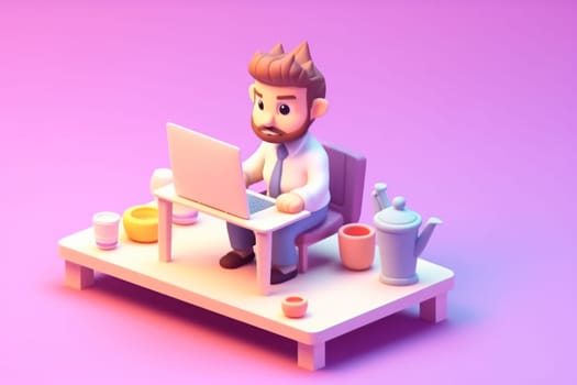 A business boy working with laptop on desk 3D Tiny cute isometric Generative AI.
