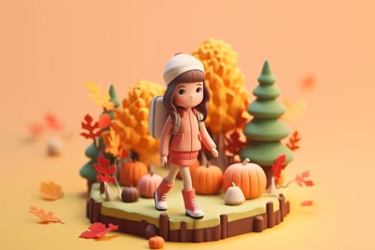 A girl walking in autumn season concept 3d Tiny cute isometric Generative AI.
