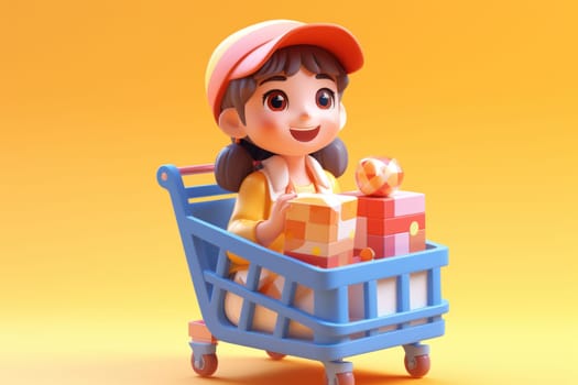 A girl and shopping cart shopping concept 3d Tiny cute isometric Generative AI.