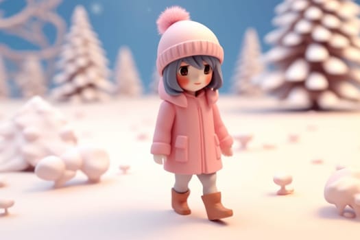 A girl walking in winter season concept 3d Tiny cute isometric Generative AI.