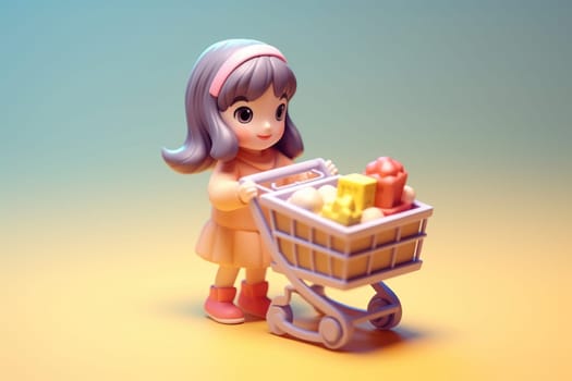 A girl and shopping cart shopping concept 3d Tiny cute isometric Generative AI.