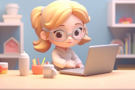 A business girl working with laptop on desk 3D Tiny cute isometric Generative AI.