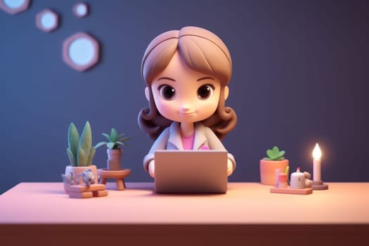 A business girl working with laptop on desk 3D Tiny cute isometric Generative AI.