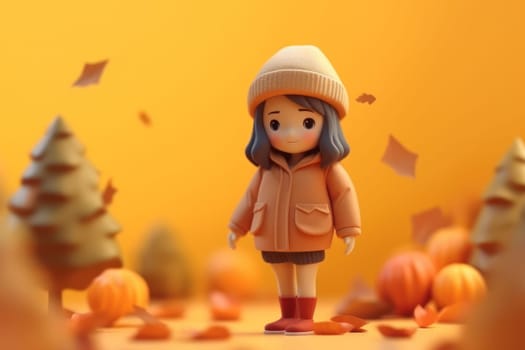 A girl walking in autumn season concept 3d Tiny cute isometric Generative AI.
