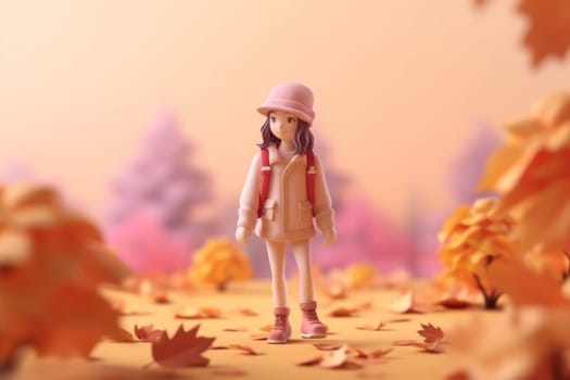 A girl walking in autumn season concept 3d Tiny cute isometric Generative AI.