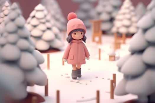 A girl walking in winter season concept 3d Tiny cute isometric Generative AI.