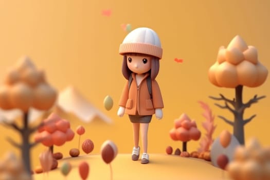 A girl walking in autumn season concept 3d Tiny cute isometric Generative AI.