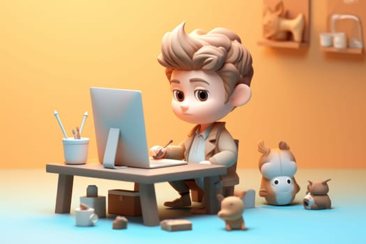 A business boy working with laptop on desk 3D Tiny cute isometric Generative AI.