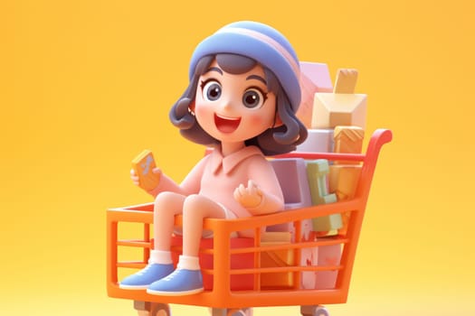 A girl and shopping cart shopping concept 3d Tiny cute isometric Generative AI.