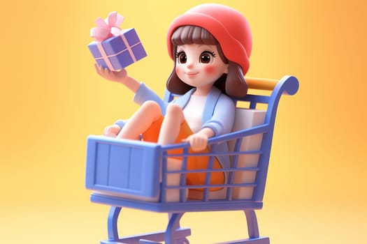 A girl and shopping cart shopping concept 3d Tiny cute isometric Generative AI.