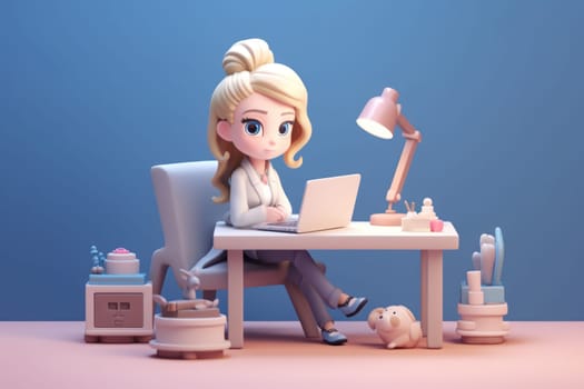 A business girl working with laptop on desk 3D Tiny cute isometric Generative AI.