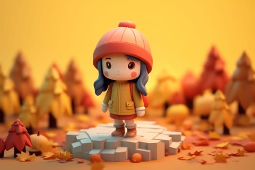 A girl walking in autumn season concept 3d Tiny cute isometric Generative AI.