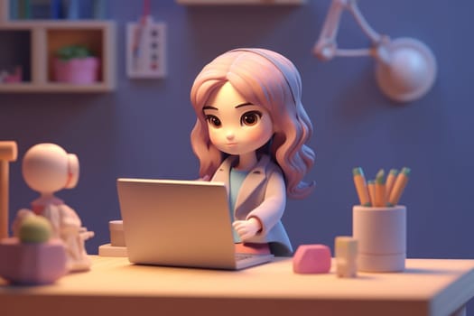A business girl working with laptop on desk 3D Tiny cute isometric Generative AI.