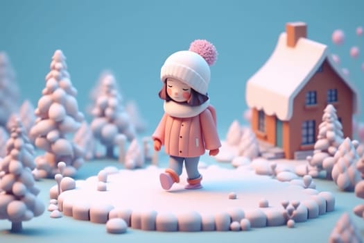 A girl walking in winter season concept 3d Tiny cute isometric Generative AI.