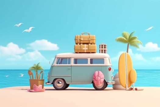 Summer vacation travel holiday van and beach accessories with beautiful sea background Generative AI.