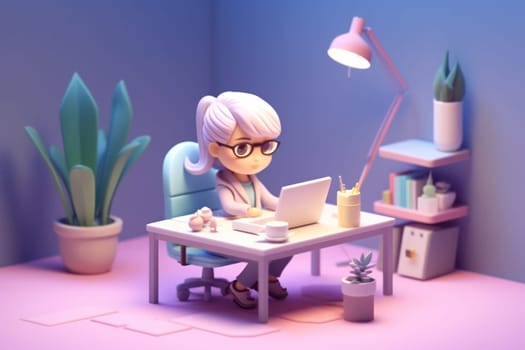 A business girl working with laptop on desk 3D Tiny cute isometric Generative AI.