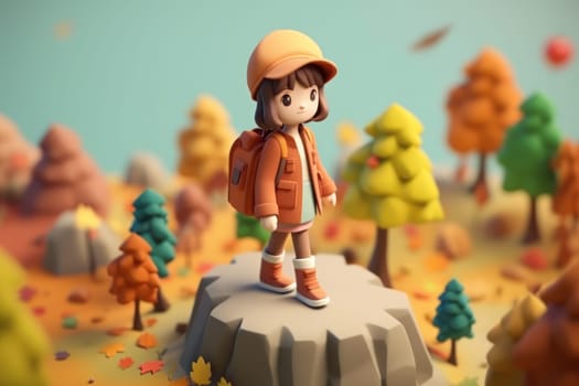 A girl walking in autumn season concept 3d Tiny cute isometric Generative AI.