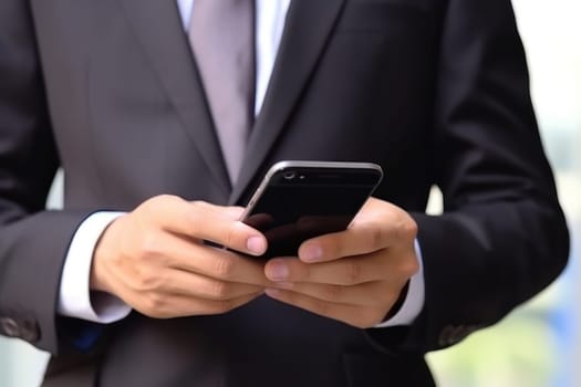 Close up hand use smart phone Chatting and messaging concept Generative AI.