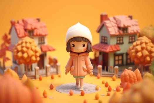 A girl walking in autumn season concept 3d Tiny cute isometric Generative AI.