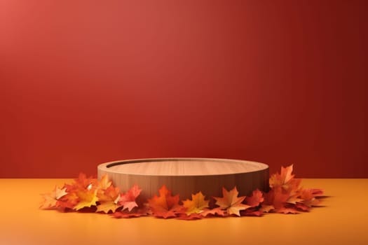 Minimal podium mockup on autumn background. Generative AI.