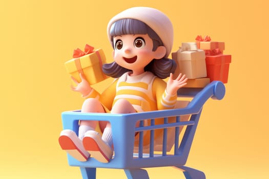 A girl and shopping cart shopping concept 3d Tiny cute isometric Generative AI.