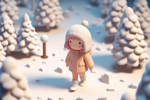 A girl walking in winter season concept 3d Tiny cute isometric Generative AI.