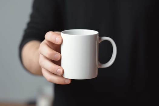 Closeup of hand holding of white mug or cup isolated Generative AI.