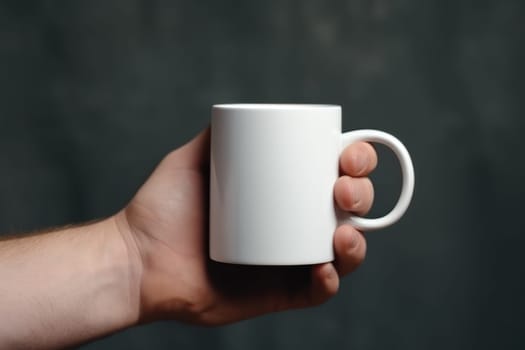 Closeup of hand holding of white mug or cup isolated Generative AI.