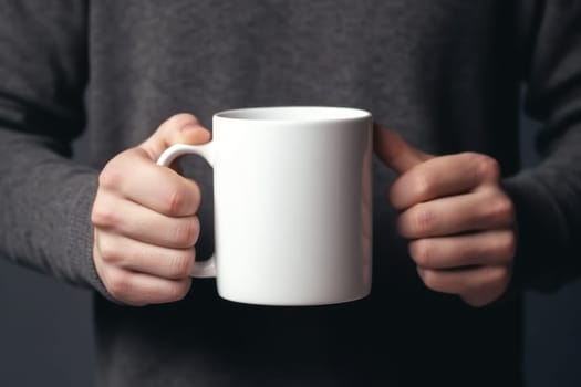 Closeup of hand holding of white mug or cup isolated Generative AI.