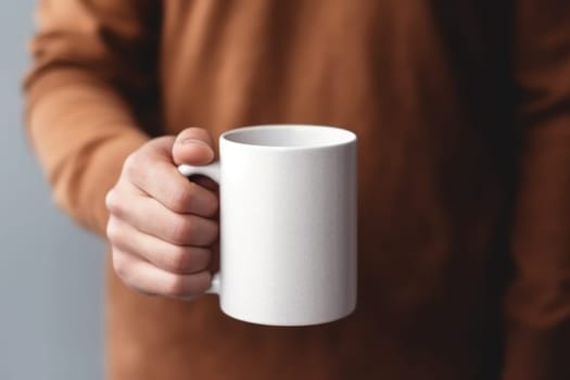 Closeup of hand holding of white mug or cup isolated Generative AI.