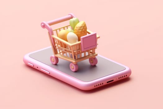 Online shopping isometric concept Shopping cart and mobile Tiny 3D render Generative AI.