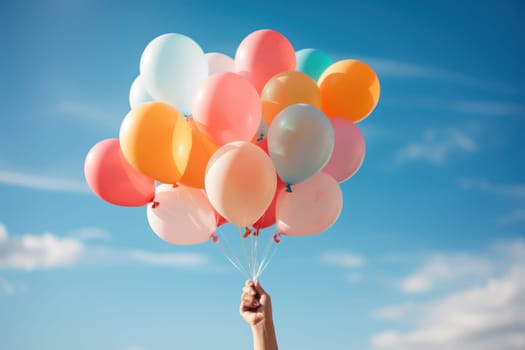 Creative scene with a hand holding a bunch of colorful balloons Generative AI.